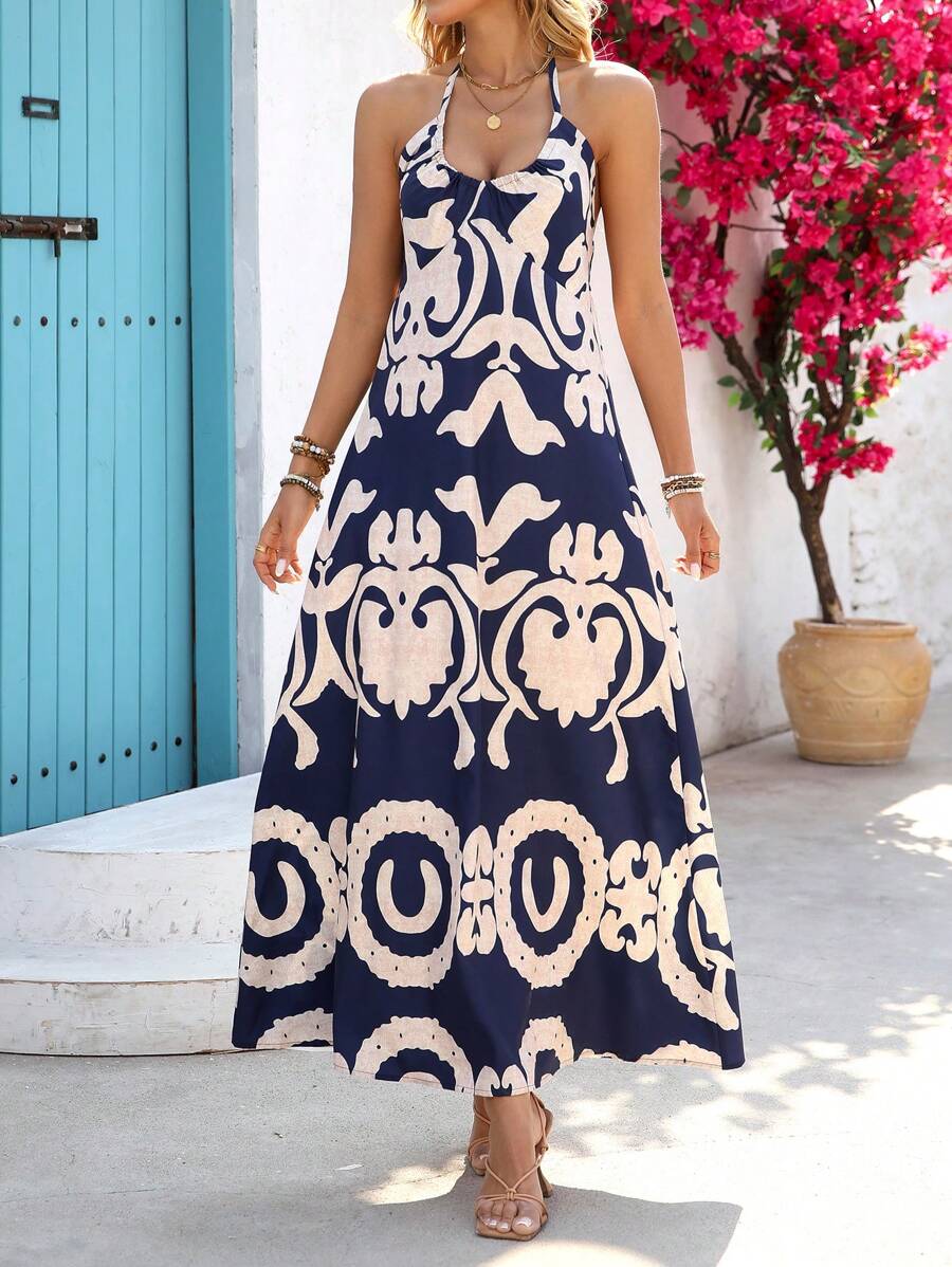 Breezaya Women's Floral Print Casual Halter A-Line Vacation Dress - Navy Blue - View 1