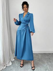 Modelyn Robe élégante à col châle, manches bouffantes et plissée, de couleur unie pour femmes - Bleu azur - Voir 3