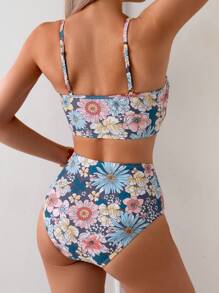 Swim Vcay Women's Beach Vacation Floral Print Casual High Waist Tankini Top For Summer - Multicolor - View 2
