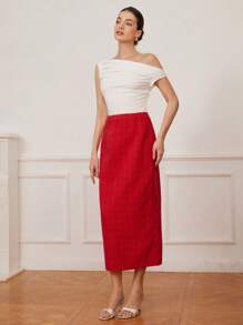 Chiquease Chân váy xẻ tà cạp cao thanh lịch với khóa kéo, kiểu dáng đơn giản và dễ phối đồ, màu đỏ sang trọng, ôm sát cơ thể, thích hợp cho mùa thu. - Đỏ - Xem 3