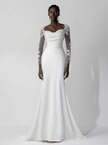 SHEIN Belle Elegant Luxury Embroidered Lace Applique Sheer Long Sleeve Sexy Backless Elastic Ruched Fishtail Maxi Dress With Detachable Train, Suitable For Weddings, Events, Parties, Honeymoons, Bridal,Bride - Beige - View 5