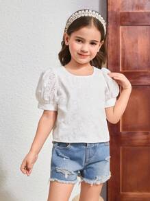Emery Rose Kids Emery Rose Kids Young Girls' Plain Woven Puff Sleeve Hollow Out Casual Blouse - White - View 3