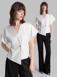 Ontre Women's Clothing New 2025 Spring Exclusive White V-Neck Solid Single-Button Casual Metal Buckle Color Block Short Sleeve Blouse, Elegant Ladies Apparel
