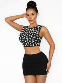 Zolique Women's Crystal Embellished Round Neck Cropped Fitted Chic Top - Black - View 1