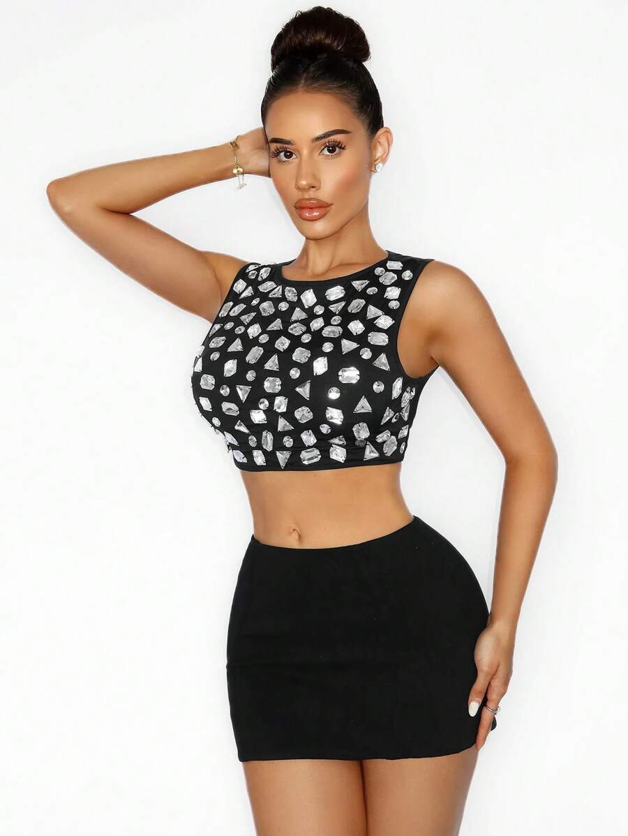 Zolique Women's Crystal Embellished Round Neck Cropped Fitted Chic Top - Black - View 1