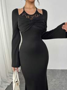 Modelyn Women's Elegant Romantic Lace Crisscross Halter Neck Fitted Party Dress - Black - View 3