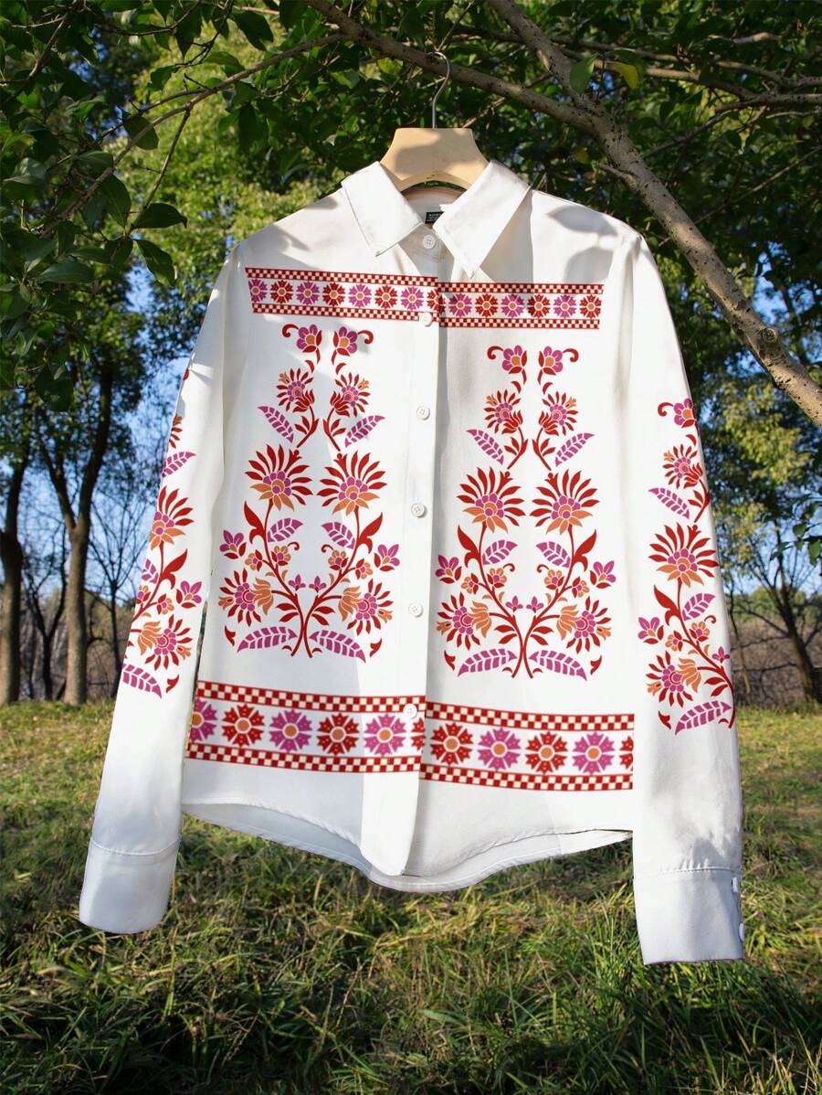 Comfortcana Vintage Floral Pattern Women's Wrinkle-Resistant Soft Satin Blouse, Suitable For Spring And Summer - White - View 1