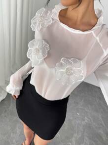 Elegant 3D Floral Decor See-Through Long Sleeve Blouse Fall Cloth For Women - White - View 3