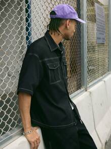 AXEPEAK 男士休闲简约撞色缝线短袖衬衫，街头潮流必备单品 - 黑色 - 查看 4