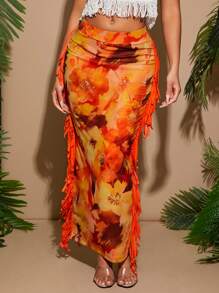 SHEIN SXY Falda informal de mujer con estampado floral de malla naranja, decorada con flecos, ideal para vacaciones de principios de primavera y playa
