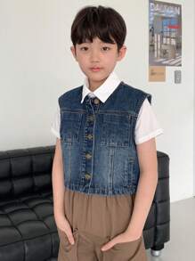 DAZY 儿童秋装、青少年男孩牛仔衬衫、返校服装 - 中等水洗藍 - 查看 7