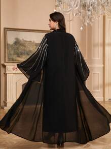 Al Najma Plus Size Women's Elegant Rhinestone Embellished Flare Sleeve Arabic Abaya Robe,Modest