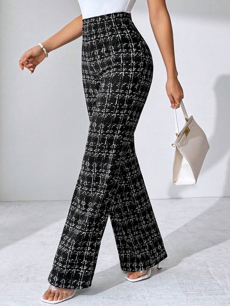 SHEIN Clasi Summer Elegant Women's Plaid Printed Elastic Knitted Pants, Suitable For Various Occasions, Suitable For Summer Vacation, Elegant Travel, And Daily Commuting