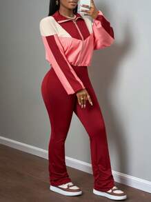 Slaydiva Red Two Pieces Pants Set For Women: Casual Chic Cropped Zip Jacket And Ruched Flare Pants - Burgundy - View 1