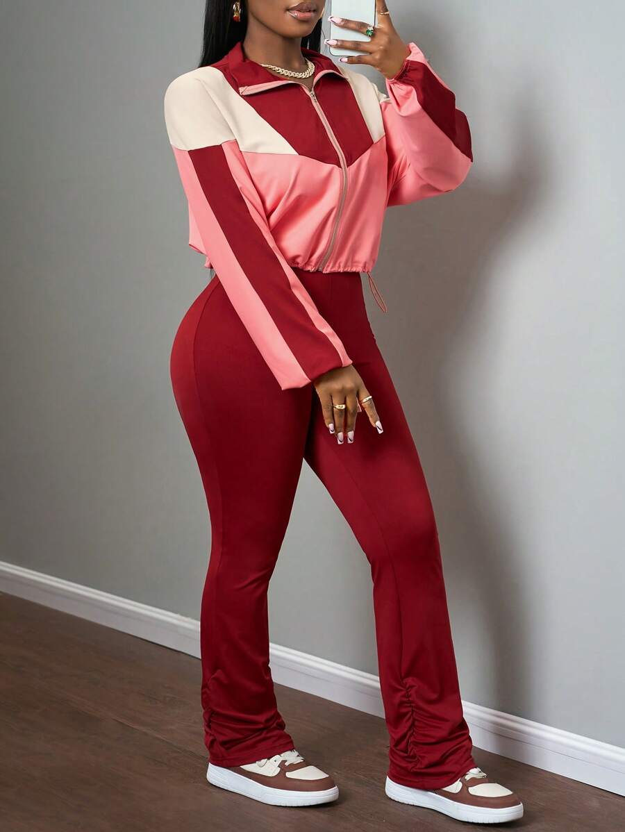 Slaydiva Red Two Pieces Pants Set For Women: Casual Chic Cropped Zip Jacket And Ruched Flare Pants - Burgundy - View 1