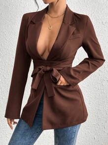 SHEIN PETITE Fashion Office Lady Solid Color Tie-Waist Jacket Fall Cloth For Women