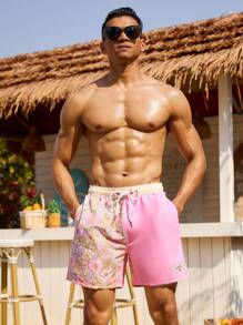 Manfinity KASUA 男士花卉印花抽绳腰休闲沙滩短裤 - 粉色 - 查看 5