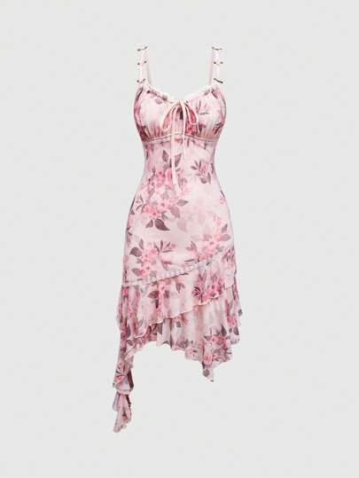 Fairycore Robe princesse rose en maille florale pour femmes, printemps/été