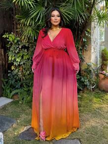 SHEIN SXY Robe ombré en mousseline de soie pour grandes tailles avec fente haute, robe ample à manches longues pour vacances à la plage