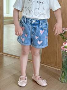 Girls' Casual All-Match Heart Print Frill Hem Washed Denim Shorts, Cute Versatile Commuter Design, Spring/Summer 2025 New Arrival, Suitable For Daily Wear - Medium Wash - View 5