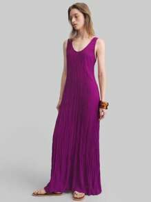 Ontre Purple Bohemian V-Neck Asymmetrical Pleated Loose Sleeveless Dress For Women, Summer - Red Violet - View 3