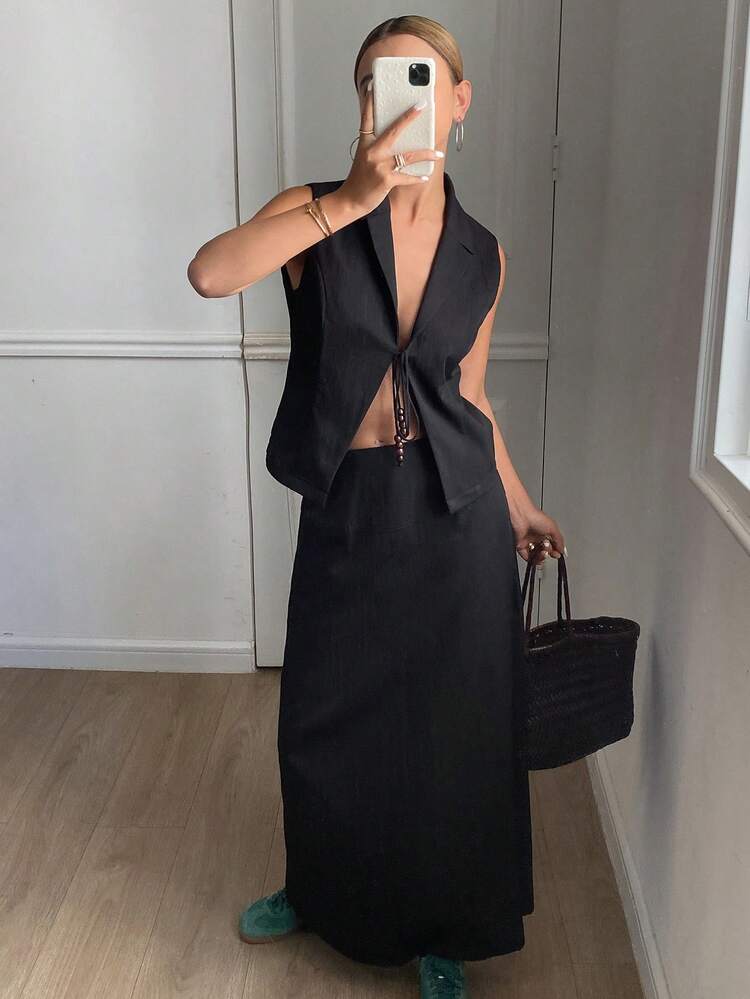 Old Coins Design Women Casual Suit: Sleeveless Tie-Up Jacket And A-Line Skirt, Spring/Summer Business Attire