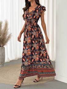 SHEIN LUNE Cap Sleeve Shirred Waist Drawstring Ruffle Hem A-Line Dress, Print Casual Vacation Elegant Daily Wear For Women