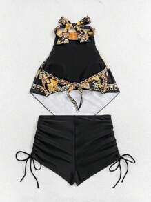SHEIN Swim 女士复古花卉/植物印花上衣和抽绳泳裤比基尼套装，夏季新款度假泳装，适合夏季海滩度假 - 黑色 - 查看 2