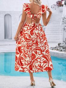 Breezaya Women's Red Floral Print Cutout Ruffle Dress: Summer Vacation Dinner Or Beach Dress - Red - View 2