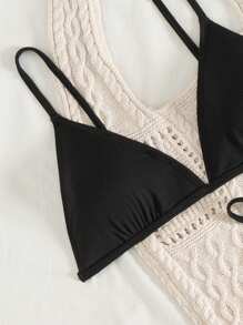 SHEIN Swim Women's Basic Solid Ribbed Triangle Bikini Set, For Summer Beach Vacation - Black - View 4