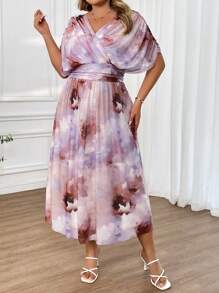 SHEIN CURVE+ Vestido largo con estampado floral elegante de manga de murciélago para tallas grandes, primavera/verano