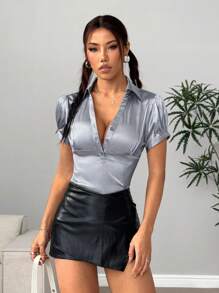 Flirla Silver Gray Waist Cinched Casual Elegant Women's Short Sleeve Shirt