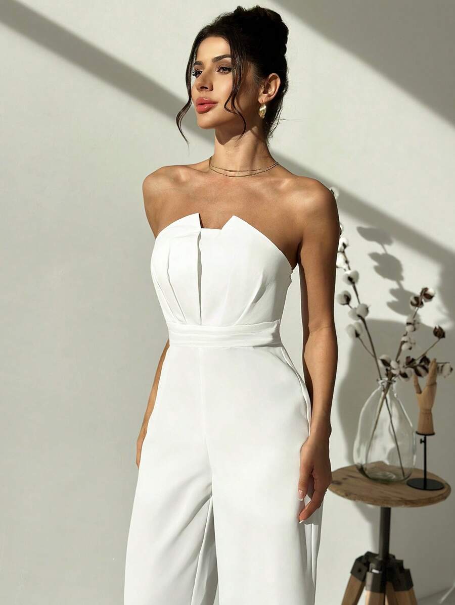 Firerie Spring/Summer New Romantic Elegant Design Daily Commute Asymmetrical Neck Waist Ruched Wide Leg Jumpsuit,Graduation,Teacher Outfits For Women,Back To School - White - View 1