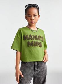 Coolane Kids Tween Girls Spring/Summer Casual Loose Fit Drop Shoulder Crop Crop Top With Letter Embroidery - Green - View 3