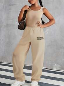 2pcs/Set Teen Girl Casual All-Match Versatile American Streetwear Athletic Ribbed Tank Top + Letter Print Sweatpants Knitted Suit - Khaki - View 1