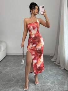 Chiquease French Elegant Sexy One Shoulder Spaghetti Strap Ruched Slit Abstract Pattern Women Bodycon Dress - Multicolor - View 3