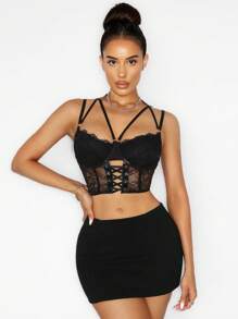 Zolique Women's Black Lace Criss Cross Crop Top: See-Through Mesh Rave Top For - Black - View 1