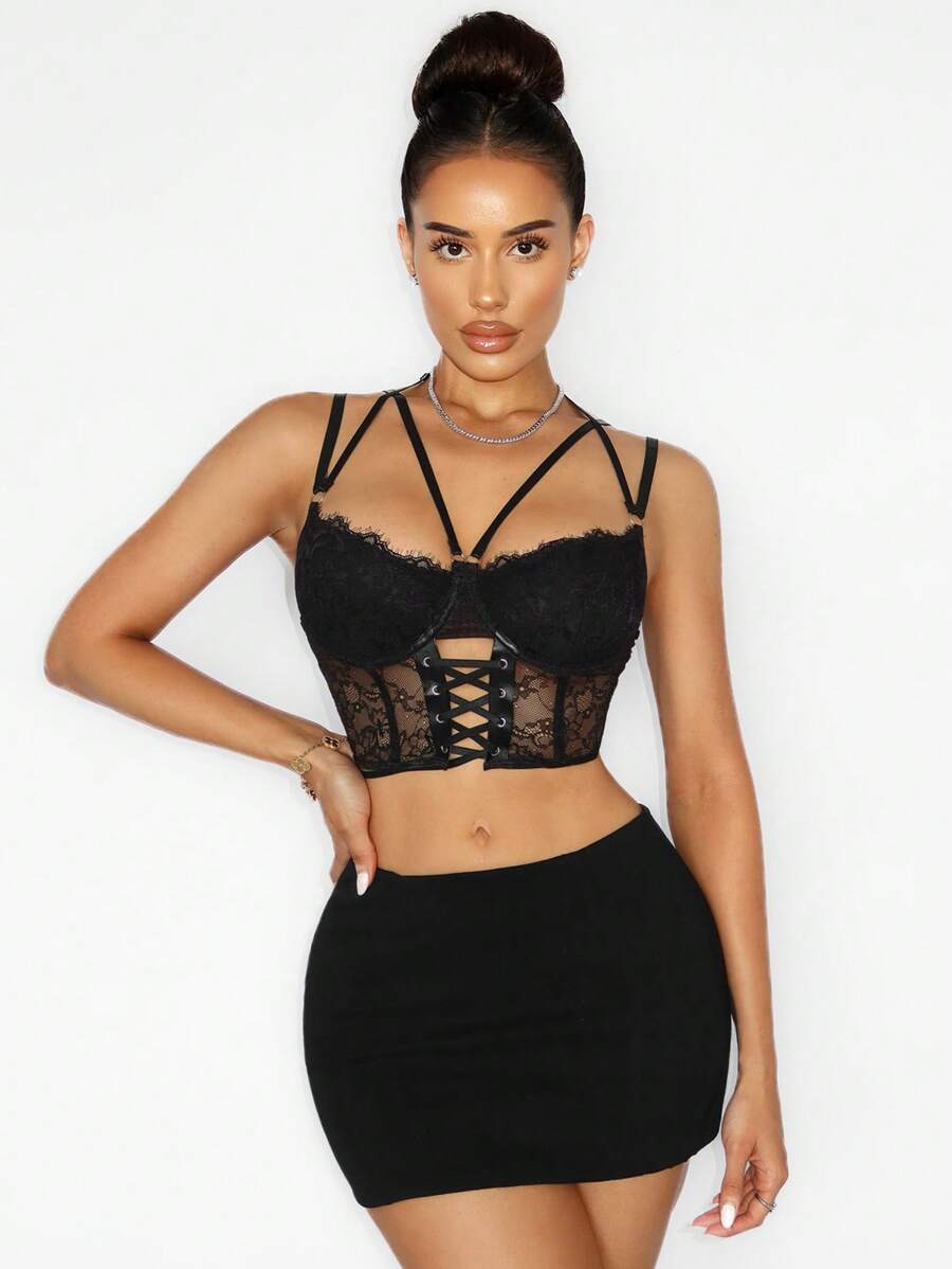 Zolique Women's Black Lace Criss Cross Crop Top: See-Through Mesh Rave Top For - Black - View 1