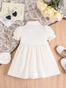 女婴甜美时尚街头风格可爱泡泡袖衬衫裙，夏季 - 杏色 - 查看 3