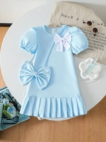 Gentle Sweet Summer New Style Fashion Elegant Girls Round Neck Puff Sleeve Splice Pleated Hem Bow Decor Princess Dress