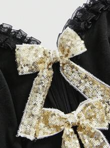 ROMWE Kawaii Y2K Punktmuster Schleifenband Minikleid ultra kurz - Schwarz - Übersicht 4