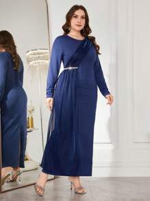 Modelyn Plus Size Elegant Ruffle Rhinestone Decor Long Dress Fall Cloth For Women - Navy Blue - View 6