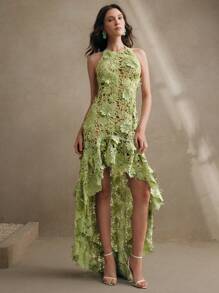 Anewsta 女士优雅度假海滩立体花卉露背无袖细肩带不对称下摆透明覆盖连衣裙，夏季节日外出度假服装