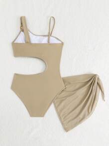 SHEIN Teen Girl Hollow-Out One-Piece Swimsuit (With Beach Skirt) - Apricot - View 2