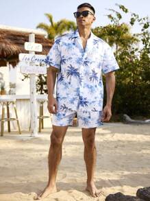 Manfinity Swimmode Men's Coconut Tree Print Short Sleeve Shirt And Shorts Set, Summer Beach Man Swim Trunks - Blue and White - View 6