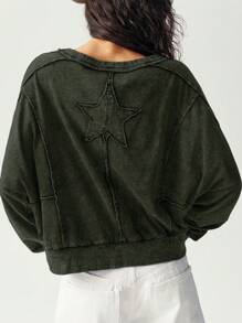 Bohemela 休闲纯色针织圆领长袖宽松女式 T 恤 - 灰色 - 查看 4