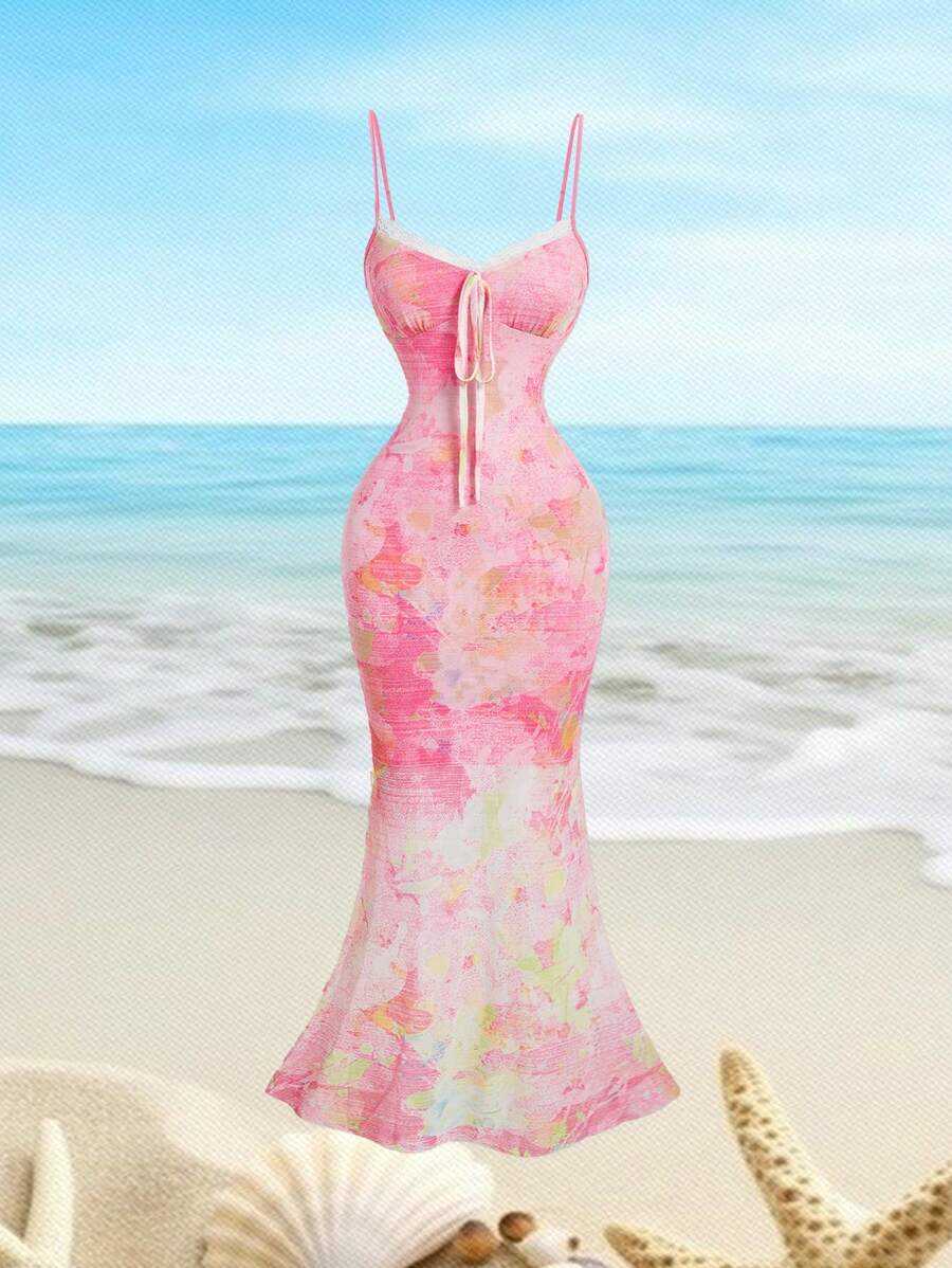 SHEIN MOD Sfumato Floral 粉色绚丽花卉领口蕾丝拼接网纱连衣裙，波西米亚风连衣裙，优雅连衣裙，茶会连衣裙，女性约会连衣裙，情人节连衣裙，夏季连衣裙，邮轮连衣裙，沙滩连衣裙