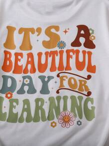 Tween 女童休闲度假渐变色字母图案宽松落肩短袖 T 恤 - 白色 - 查看 4