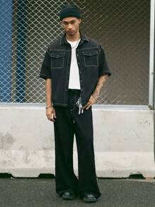 AXEPEAK 男士休闲简约撞色缝线短袖衬衫，街头潮流必备单品 - 黑色 - 查看 3