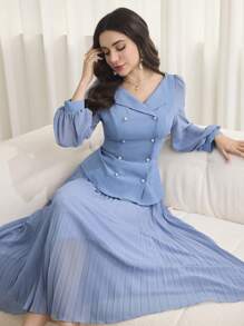Modelyn 2pcs Women's Lantern Sleeve Double-Breasted Top And Pleated Skirt Set